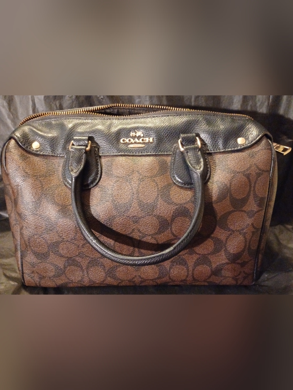 Coach Brown Signature Monogram Satchel with Black Trim